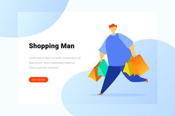 Man walking running with Shopping bags Flat vector illustration. Landing Page design template