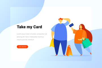 Man Woman Couple standing with Credit card and Shopping bags Flat vector illustration. Landing Page design template