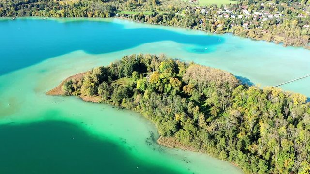 Aerial view, flight at W&ouml;rth lake with the W&ouml;rth island or Mausinsel, Stranberg district, Bachern, Bavaria, Germany