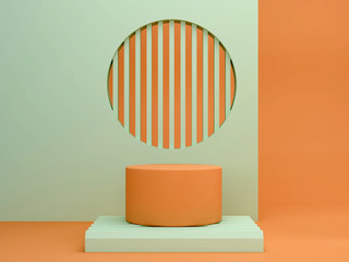 Abstract minimal scene with geometrical forms. Cylinder podiums in green and orange colors. Abstract background. Scene to show cosmetic podructs. Showcase, shopfront, display case. 3d render. 