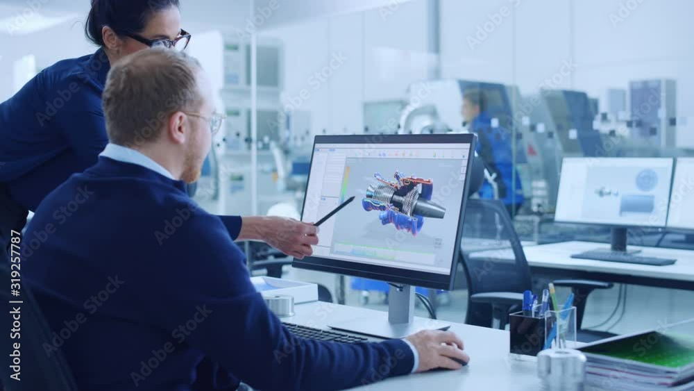 Aufkleber Modern Factory: Female Project Supervisor Talks to a Male Industrial Engineer who Works on Personal Computer. They use CAD Software for Design and Development of Hybrid Hydrogen Engine Prototype