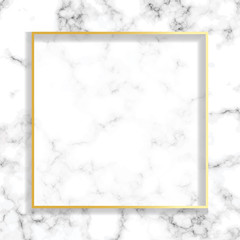 golden square frame on white texture of marble background