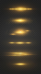 Fototapeta na wymiar Abstract stylish light effect on a black background. Golden luminous neon line. Gold glowing dust and glare. Collection effect light gold line png. 