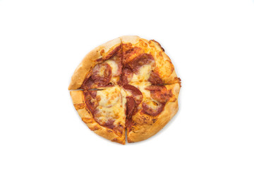 Personal size Beef Pepperoni Pizza isolated over wite background.