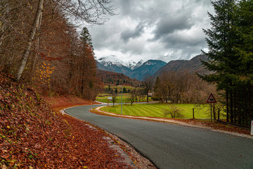 Fototapeta premium Beautiful road on late fall with alps in Bohinj, Slovenia