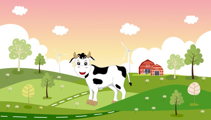 Vector illustration of happy and healthy cow grazing standing in grass field with tree, windmill and wood bran in sunny day, Cartoon Spring or Summer landscape,Eco village or Organic farming in uk