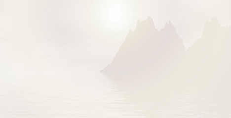 seascape rocks fog sun light background. 3D rendering 3D illustration