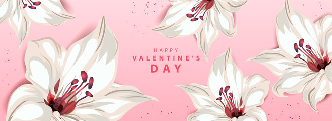 Happy Valentines Day. Horizontal background with lily flower, pastel colors. Handwritten calligraphic text lettering. Greeting card, holiday poster, banner.