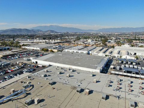 Aerial View To Industrial Zone And Company Storage Warehouse In RIverside, California, USA