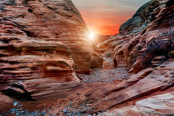 The mesmerizing red rock layers and formations of the desert landscape at the Valley of Fire State...