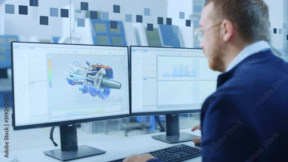 Poster Industrial Engineer Working on a Personal Computer, Two Monitor Screens Show CAD Software with 3D Prototype of Hybrid Electric Engine and Charts. Working Modern Factory. Camera Zoom in on Display
