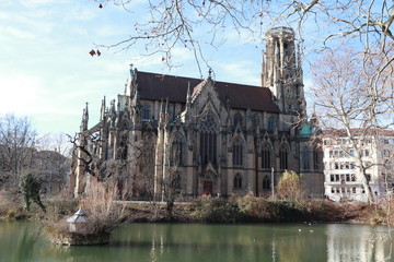 Fototapeta na wymiar Johanneskirche am feuersee. The old church. City architecture. Atmosphere. Stuttgart Germany