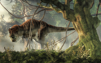 Tarbosaurus was a carnivorous theropod dinosaur, a type of tyrannosaur, it lived during the Cretaceous in Mongolia. Here depicted in a jungle.        3D Rendering.