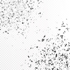Vector glass explosion isolated on white transparent background. Many black sharp pieces randomly flying in the air. Vector glass explosion concept. Black glass pieces on white.