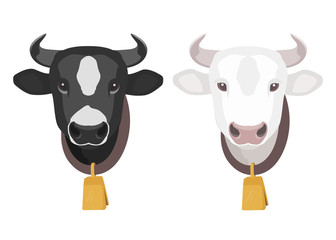 Cartoon cow heads with gold bell on the neck. Spotted black and white cows. Stock vector illustration. Cow icon isolated on white background.