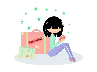 Coronavirus in China. Flu epidemic. Virus. Atypical pneumonia. Prohibition of travel outside the country. Sad chinese girl with suitcases on a white background. Vector stock illustration.