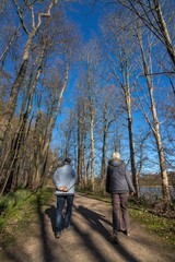 senior couple walking  on a beautiful forest path with lake view in early spring