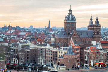 Golden winter sunset overlooking the Amsterdam Netherlands skyline