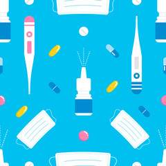 Medical vector seamless pattern background with pills, nasal spray, thermometers and procedure masks.