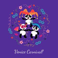 Little cute pandas at the venetian festival. Pandas in carnival masks. Colorful illustration for the children.