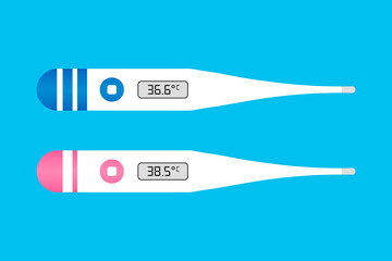 Digital, electronic thermometers for measuring body temperature. Vector icons, illustration.