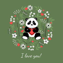 Little panda in love holds a heart. Illustration for children decorated with plant elements and hearts.