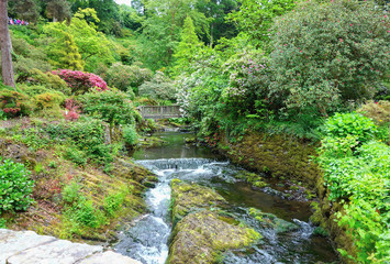 Beautiful british landscaped gardens with the bridge over the lake and blossoming shrubs, selective focus