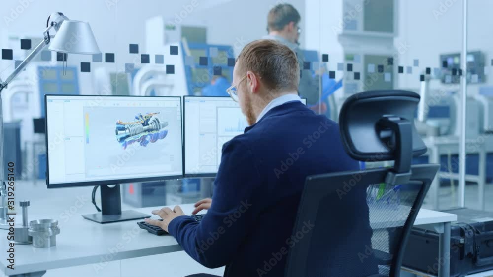 Poster Industrial Engineer Solving Problems, Working on a Personal Computer, Two Monitor Screens Show CAD Software with 3D Prototype of Hybrid Electric Engine Being Tested. Working Modern Factory. Zoom out