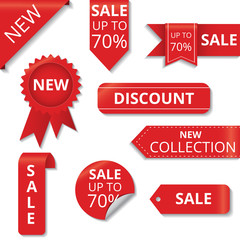 New, sale, discount and new collection tag on red ribbon realistic and banner vector.