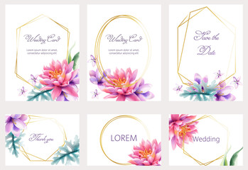 Watercolor wedding cards set with lotus and lily flowers