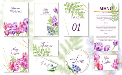 Fototapeta na wymiar Watercolor spring wedding event invitation cards with tulip and bluebell flowers