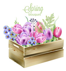 Watercolor spring bouquet in a wooden box. Orchid, bluebells, berries, green leaves and tulips
