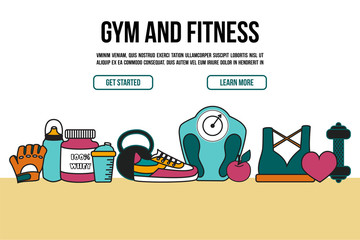 Gym and fitness club web site concept. Sports equipment and cloth vector illustrations