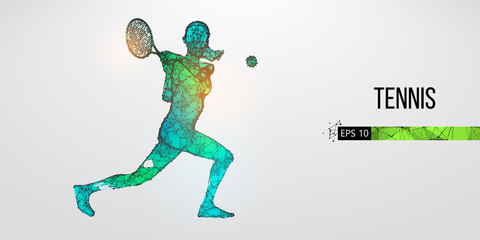 Abstract silhouette of a tennis player man, male, women, girl female from particles, lines, triangles. Tennis ball and tennis racket. Low poly neon wire outline geometric polygonal vector illustration
