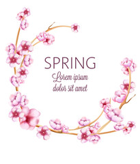 Pink spring wreath with watercolor blossom flowers