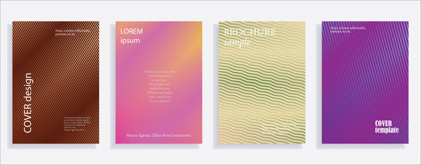 Minimalistic cover design templates. Set of layouts for covers of books, albums, notebooks, reports, magazines. Line halftone gradient effect, flat modern abstract design. Geometric mock-up texture