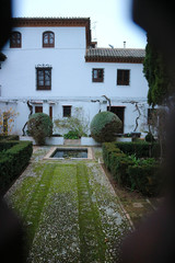 Naklejka premium View of Paraiso gardens in Alhambra, Granada, Spain in the winter morning haze