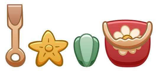 Plastic baby bucket, shovel and sand molds on white backgound