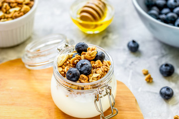 Healthy breakfast from yoghurt with muesli and berries on kitchen table