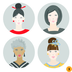 Set of different cute women avatars. Isolated on a white background. Different ages, nationalities, clothes and hair styles.