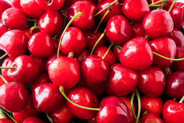 Fresh red cherries. Texture cherries fruits close up. Cherry fruit. Cherries with copy space for text. Top view. Background of cherries.