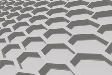 Geometric pattern in the form of hexagonal honeycombs. Abstract background in light gray colors. An excellent blank for an advertising banner. Photorealistic 3D render.