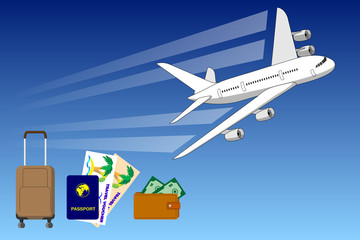 Passenger airplane takes off against the blue sky, with a suitcase, passport, purse