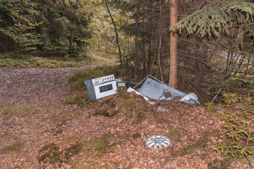 Umweltverschmutzung in einem Wald durch alte weggeworfene Haushaltsgeräte, Deutschland