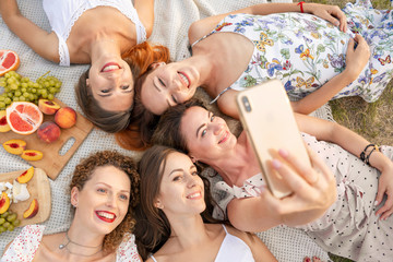 View from above. The company of beautiful girlfriends have fun and enjoy a picnic outdoors and take pictures on a mobile phone
