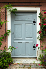 Fototapeta na wymiar Blue Door with Rose bush