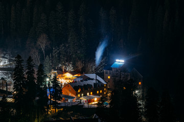 Aerial view on Dombay ski resort at night