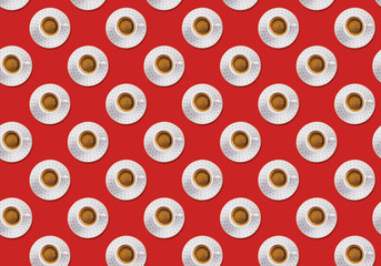 Cup of espresso coffee flat lay pattern on red color background. Pop art design concept.
