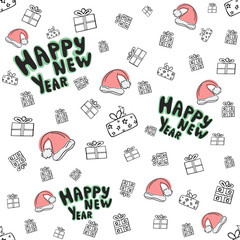 Beautiful seamless pattern vector with cute presents, Santa Claus hats and the inscription Happy New Year. Decorative hand drawn vector for design on a red background