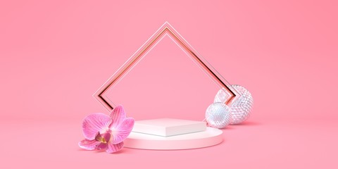 Minimal cosmetic pink studio with podium and orchid flower pastel color 3d render